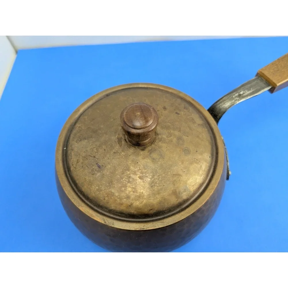 Vintage Swiss Made Stockli Hammered Copper Metal Chef Pot Wood Handle for Stove